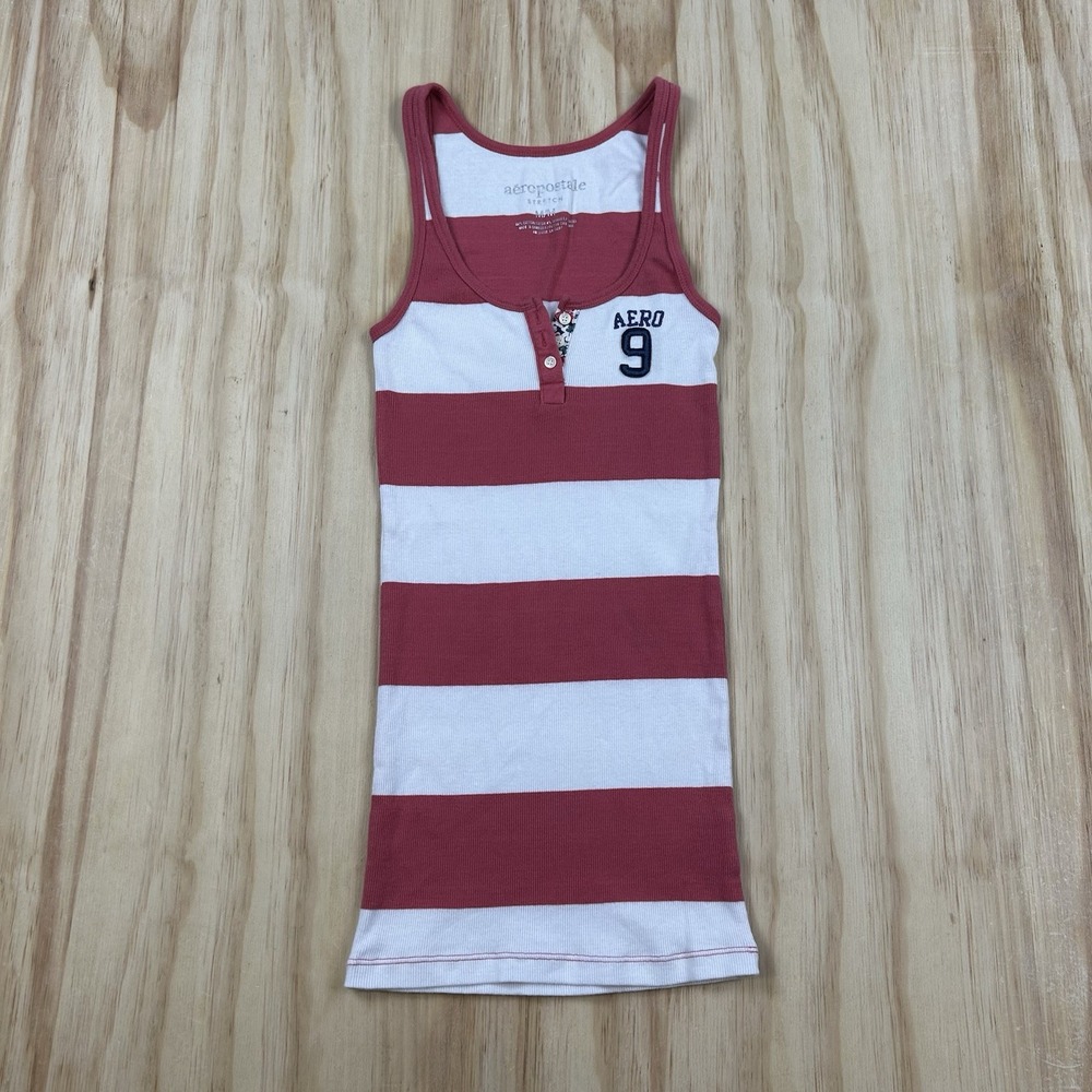 Y2K Vintage Aeropostale Women's Medium Red White Striped Stretch Tank Top